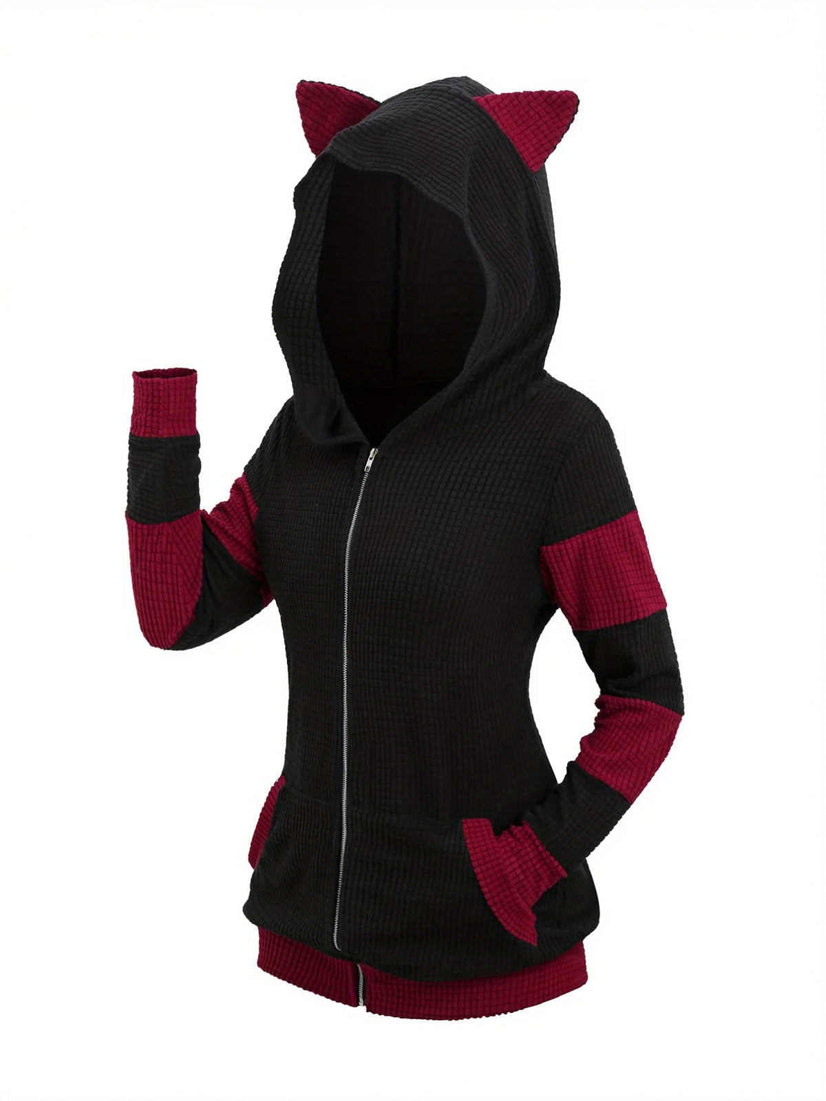 Women's Cat Ear Colorblock Zip-Up Hoodie