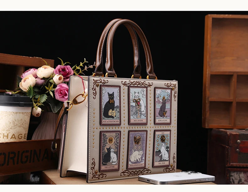 Vintage Luxury Leather Tote – Designer Cat Embroidery Shoulder Bag