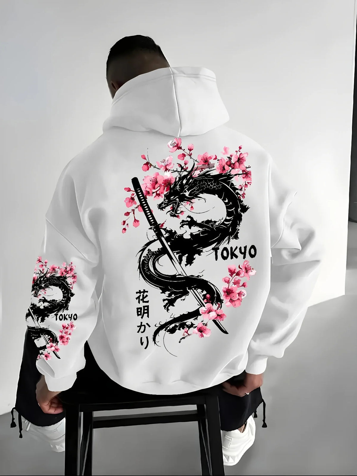 Men's Dragon & Cherry Blossom Print Hoodie