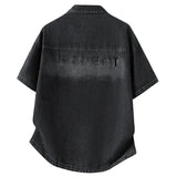 Men's Casual Black Denim Shirt Short Sleeve Loose Fit Gradient Washed RESPECT Embossed Summer Streetwear Button Up Blouse