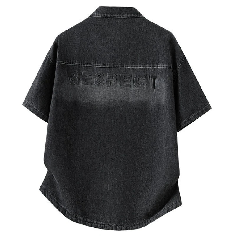 Men's Casual Black Denim Shirt Short Sleeve Loose Fit Gradient Washed RESPECT Embossed Summer Streetwear Button Up Blouse