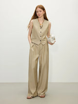FSLE 2025 Summer Old Money Vest Wide-Leg Pants Set Vintage Tailored Two-Piece Adjustable Waist Eco Linen for Boardroom to Brunch