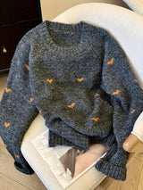 Women's Heart Print Round Neck Sweater