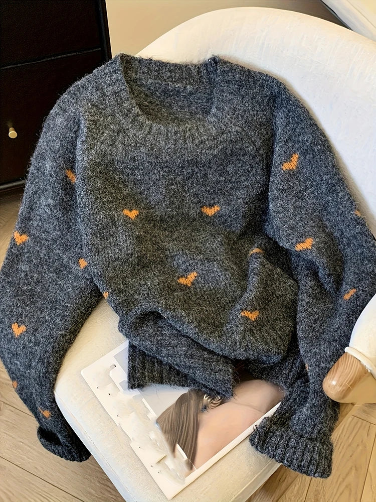 Women's Heart Print Round Neck Sweater