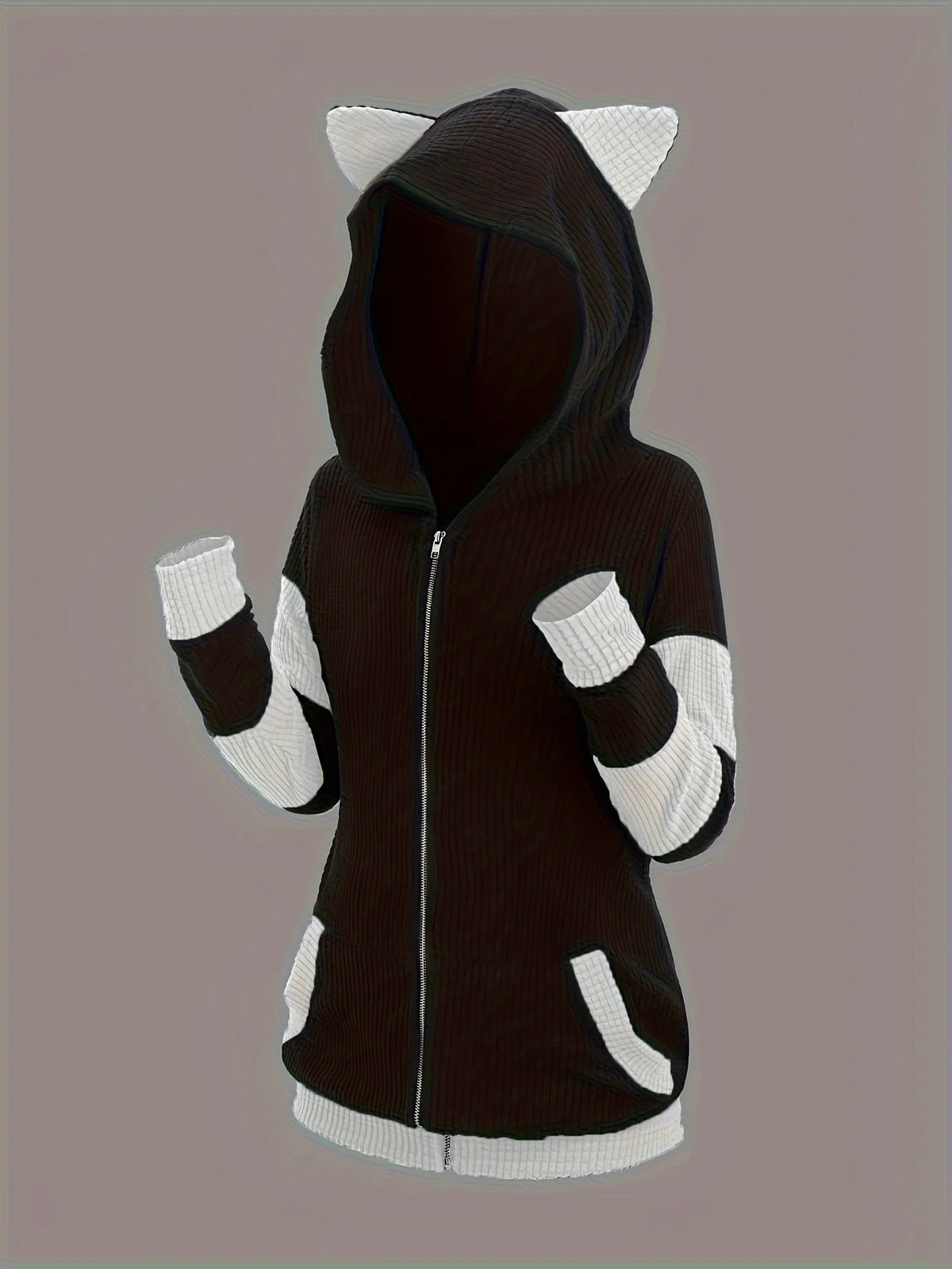Women's Cat Ear Colorblock Zip-Up Hoodie