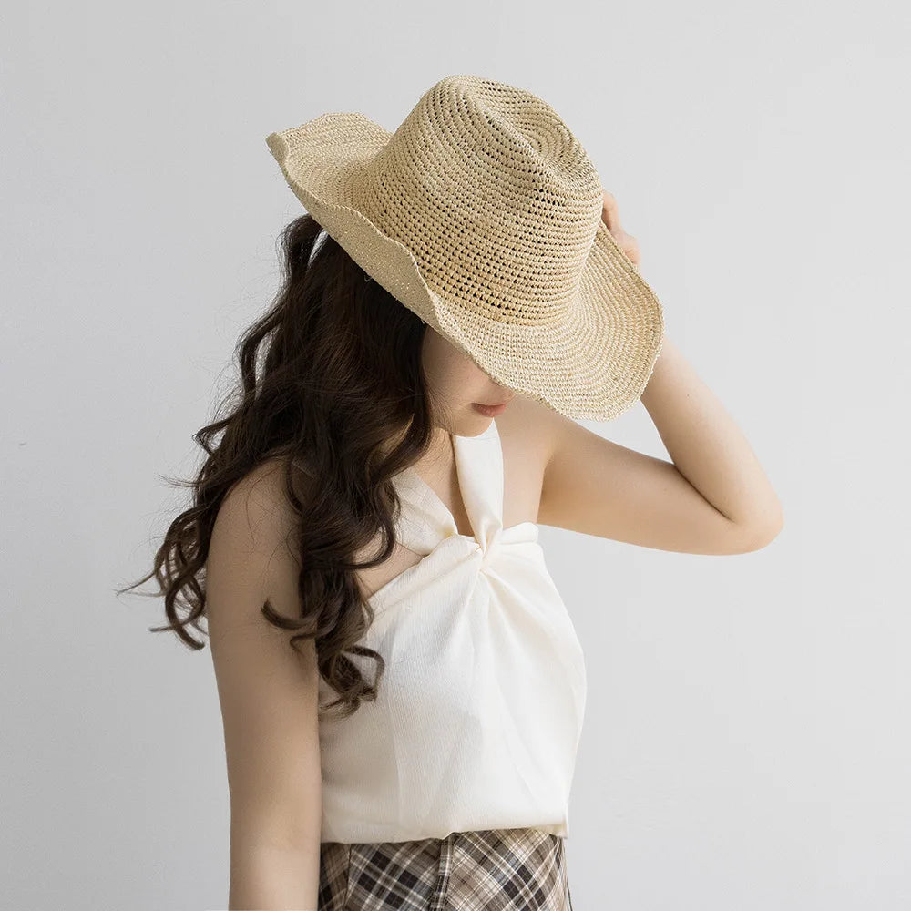 USPOP Crochet Raffia Sun Hat – Curled Brim Straw Hat