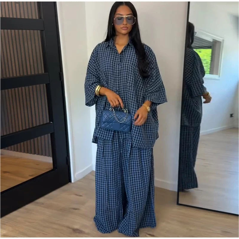 Casual Women's Pants Set Turn-down Collar Shirt Loose Bottom Female Plaid Printing Sets 2026 Summer Fashion Commute Lady Suit