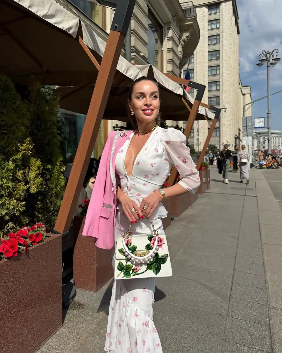 Women White Pink Floral Print Fishtail Skirt Set Chic V Neck Puff Sleeve Ruffle Button Crop Top Suit Elegant Lady Wedding Outfit