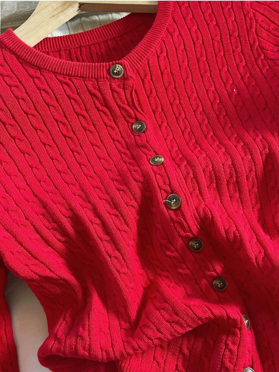 USA-Made Red Twist Flower Knit Cardigan – Vintage Y2K Slim Crop Top