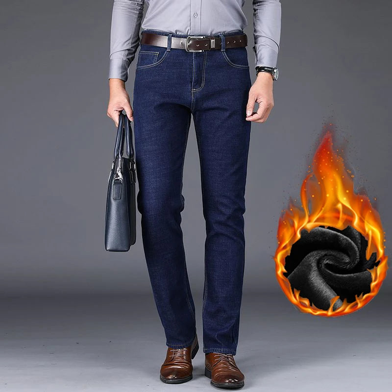 Men Autumn Winter Fleece Lined Thickened Jeans Male Business Straight Leg Loose High Waist Denim Pants Stretch Casual Trousers