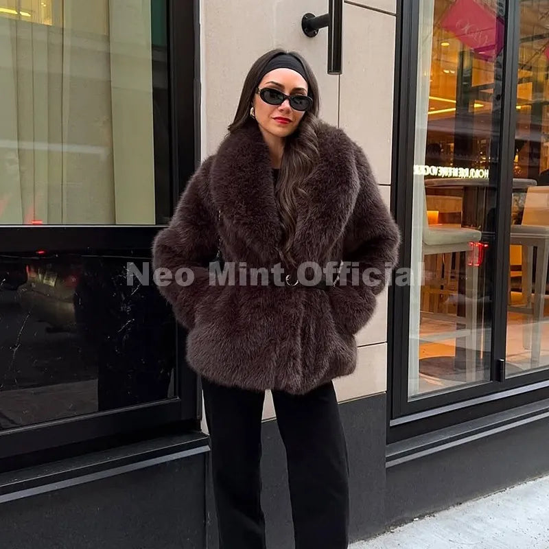Elegant Winter Walnut Faux Fur Overcoat