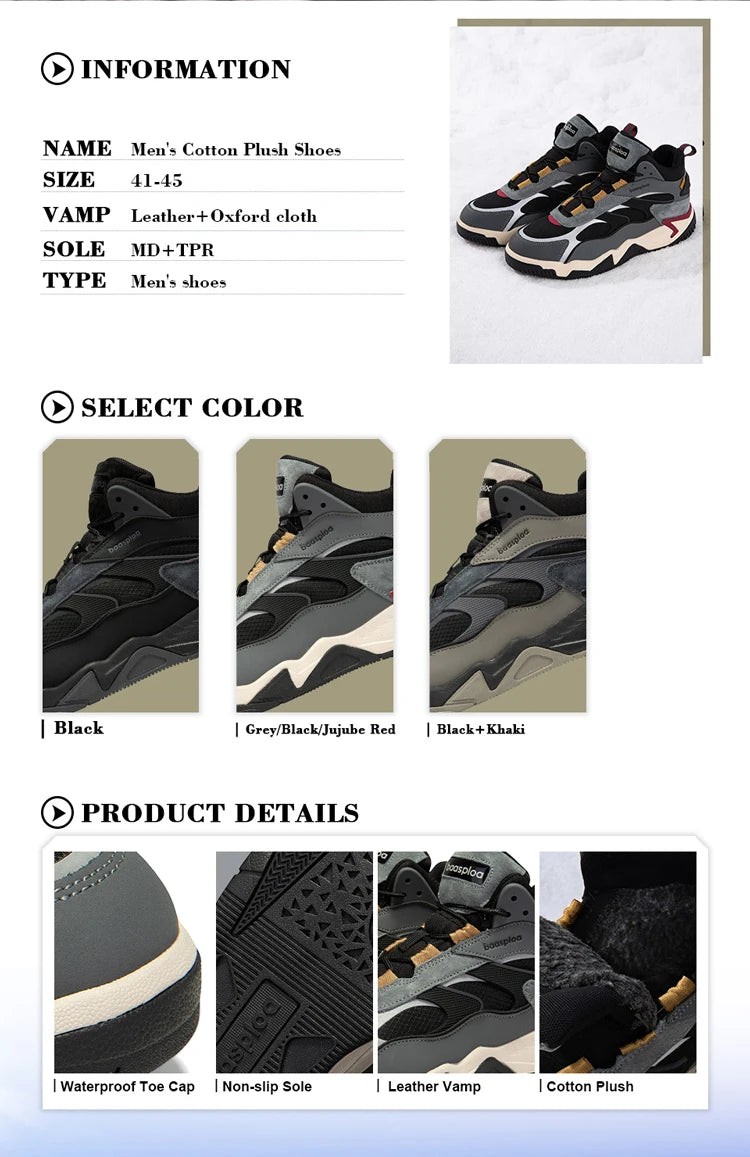 Baasploa Winter Men Shoes Fashion Plush Warm Waterproof Leather Sports Shoes Male Casual Outdoor Non-Slip Lace up Walking Shoes