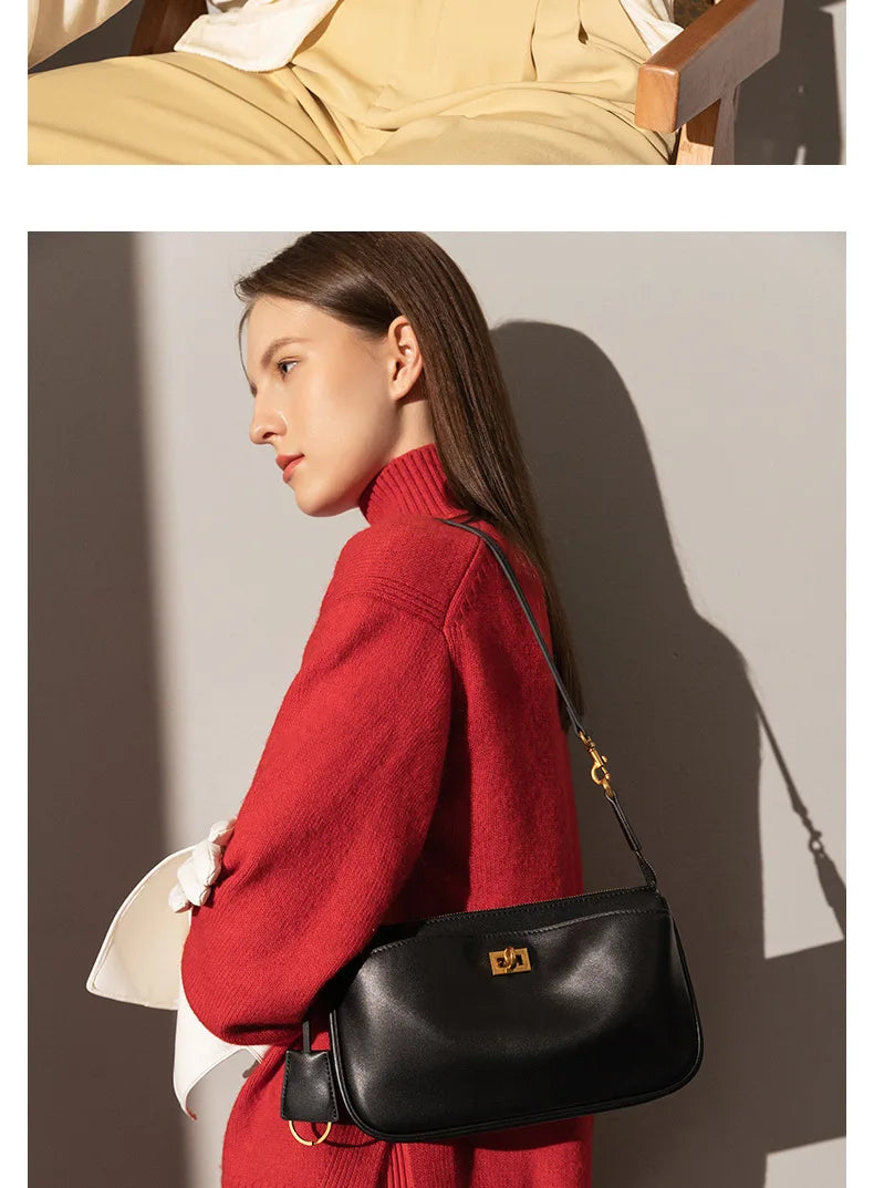 2026 Spring New Luxury Brand Women Shoulder Bags Split Leather Black Handbags Women Fashion Gold Buckle Underarm Bags