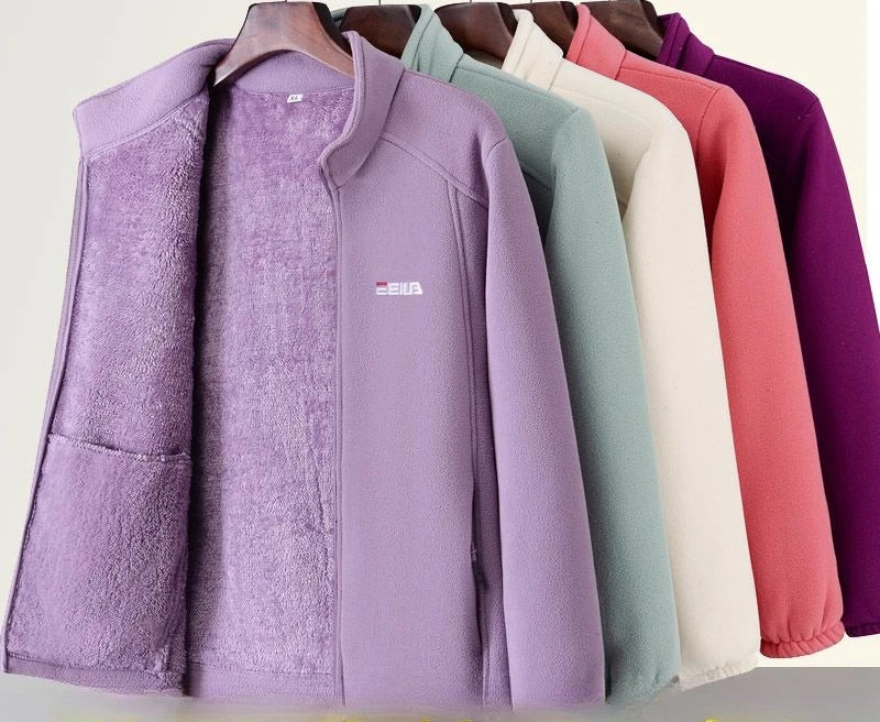 Women's Fleece Zip-Up Jacket with Embroidered Stand Collar