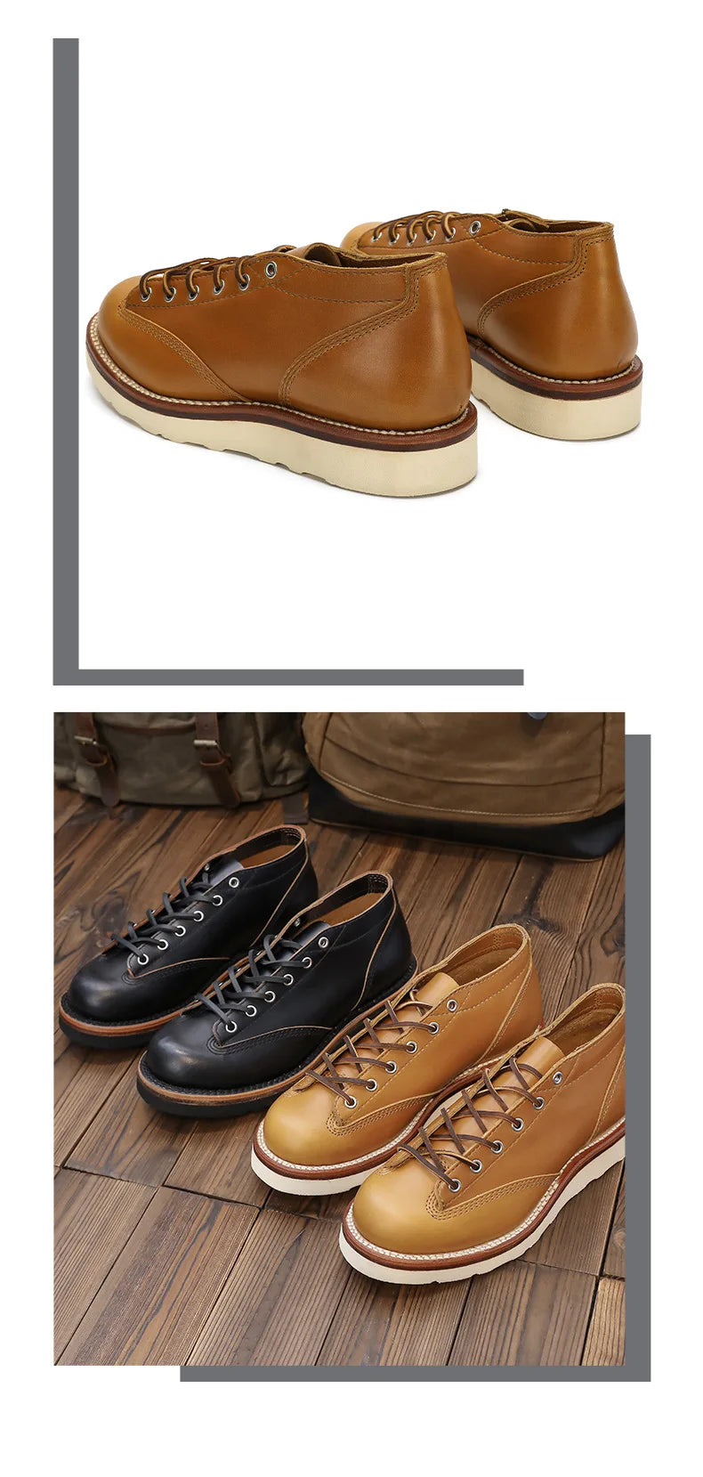 KOWM cow leather Hiking shoes Brown trekkin boots men  low cut workwear big toe shoes trendy casual ankle shoes walking sneakers