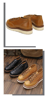 KOWM cow leather Hiking shoes Brown trekkin boots men  low cut workwear big toe shoes trendy casual ankle shoes walking sneakers