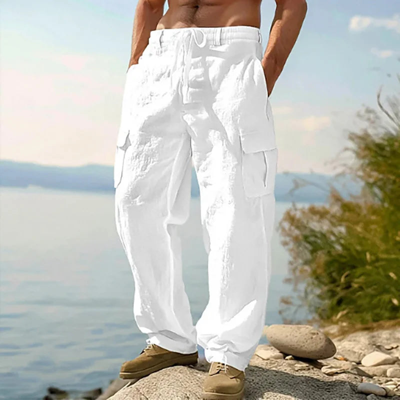 Men's Linen Blend Drawstring Straight-Leg Pants