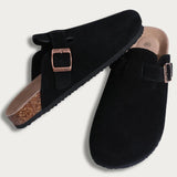 Evshine Men's Suede Clogs Fashion Leather Mules Cozy Footbed Slippers With Adjustable Buckle AntiSlip Cork Slippers Unisex Mules
