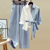 2025 Summer New Stitched Chiffon Shirt Female Set Elegant Women's Jeans Casual Blouse Two Piece Set Ladies Tracksuits