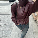 Vintage Fashion Elegant High Neck Leather Jacket 2025 New Exquisite Cinched Waist Short Coat High Street Faux Leather Clothes