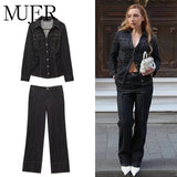 MUJER 2025 Denim Women's Pants Sets Button up Shirt Two Piece Outfits Woman High Waist Women's Trousers Suits Spring Lady Sets