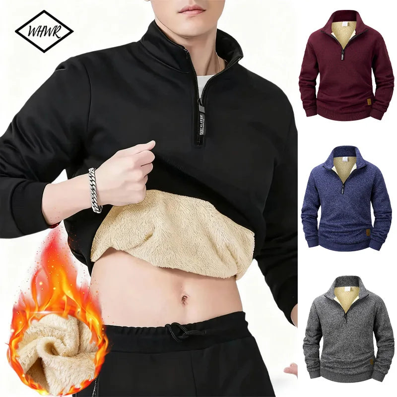 Men Fleece Lined Sweatshirts Winter Warm Pullover Half Zipper Pullover for Male Hoody Outdoor Sweatshit Solid Color Stand Collar