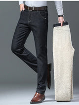 Winter Men's Fleece Thick Sherpa Jeans Business Casual Velvet Straight Denim Pants Male Wool Plush Classic Stretch Trousers