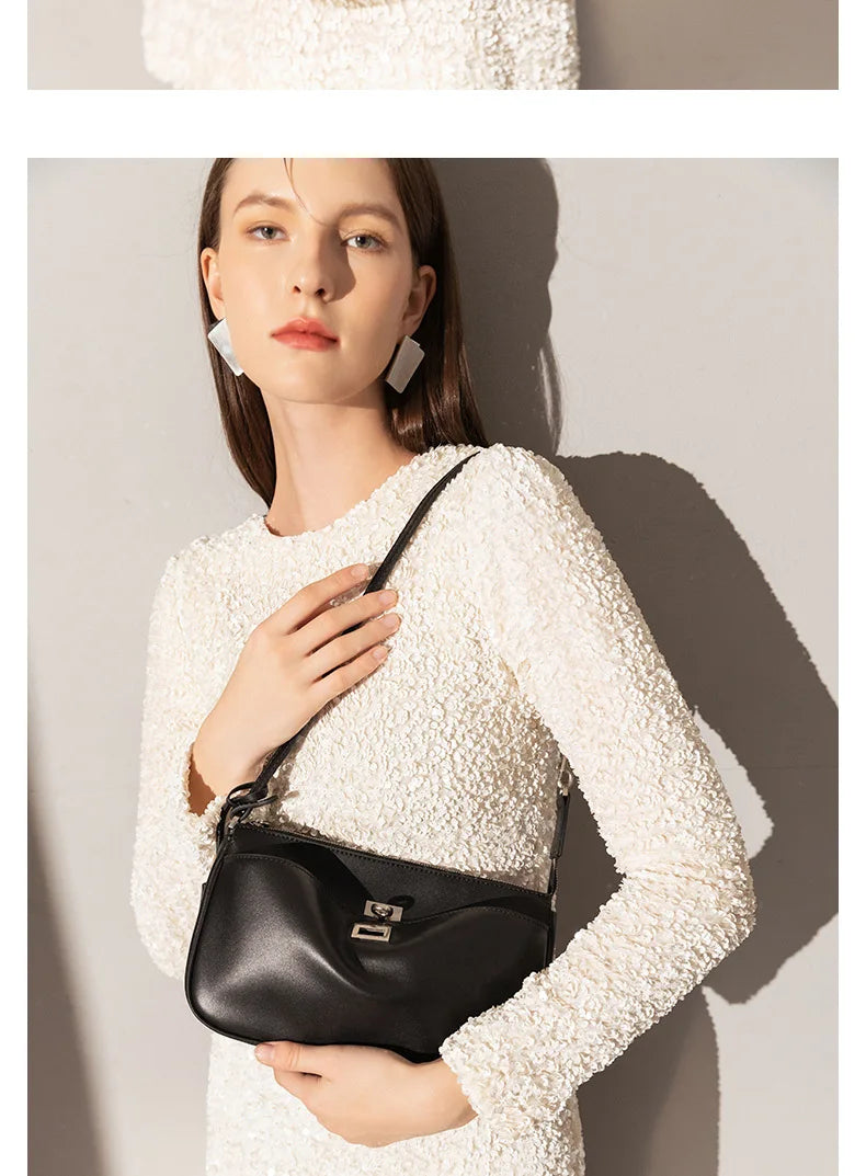 2026 Spring New Luxury Brand Women Shoulder Bags Split Leather Black Handbags Women Fashion Gold Buckle Underarm Bags