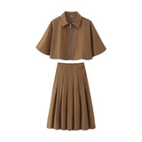 Women's Autumn New Short Zipper Jacket Short Sleeved Top High Waisted Pleated Lantern Flower Bud Half Skirt Set