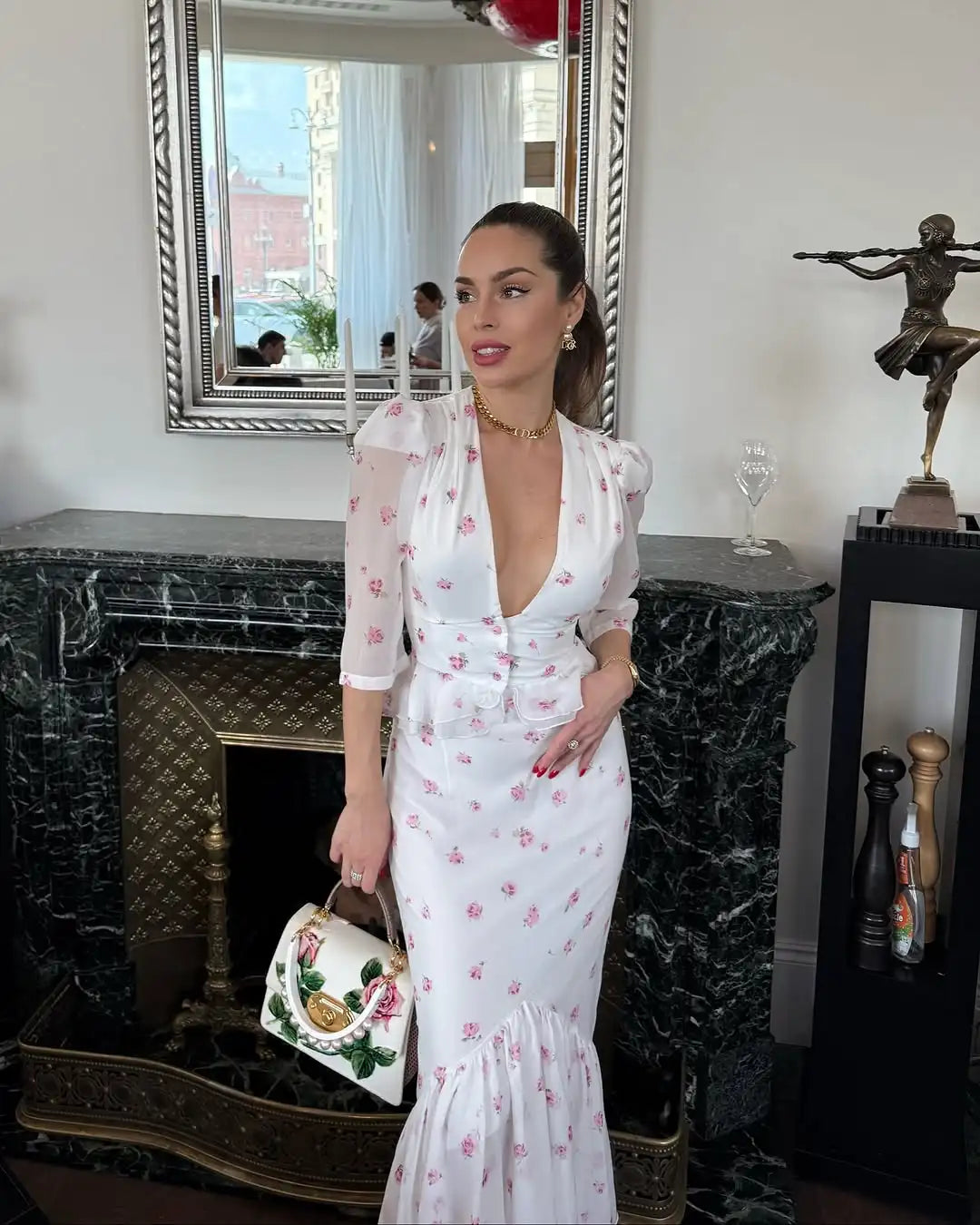 Women White Pink Floral Print Fishtail Skirt Set Chic V Neck Puff Sleeve Ruffle Button Crop Top Suit Elegant Lady Wedding Outfit