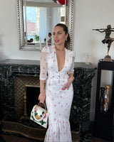 Women White Pink Floral Print Fishtail Skirt Set Chic V Neck Puff Sleeve Ruffle Button Crop Top Suit Elegant Lady Wedding Outfit