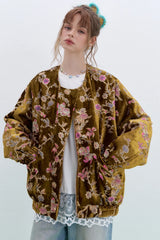 ELFSACK 2025 Gold Velvet Jacket Women's Winter Short Coat, Embroidered Goldfish Chinese Style Vintage Loose Padded Jacket
