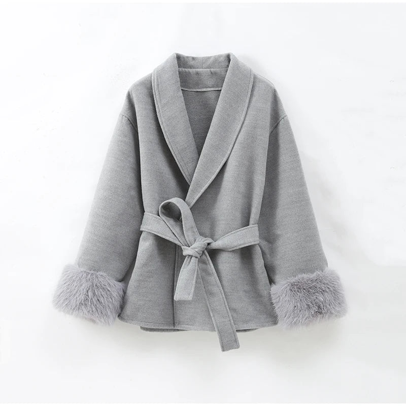 Elegant Lace-Up Woolen Jacket