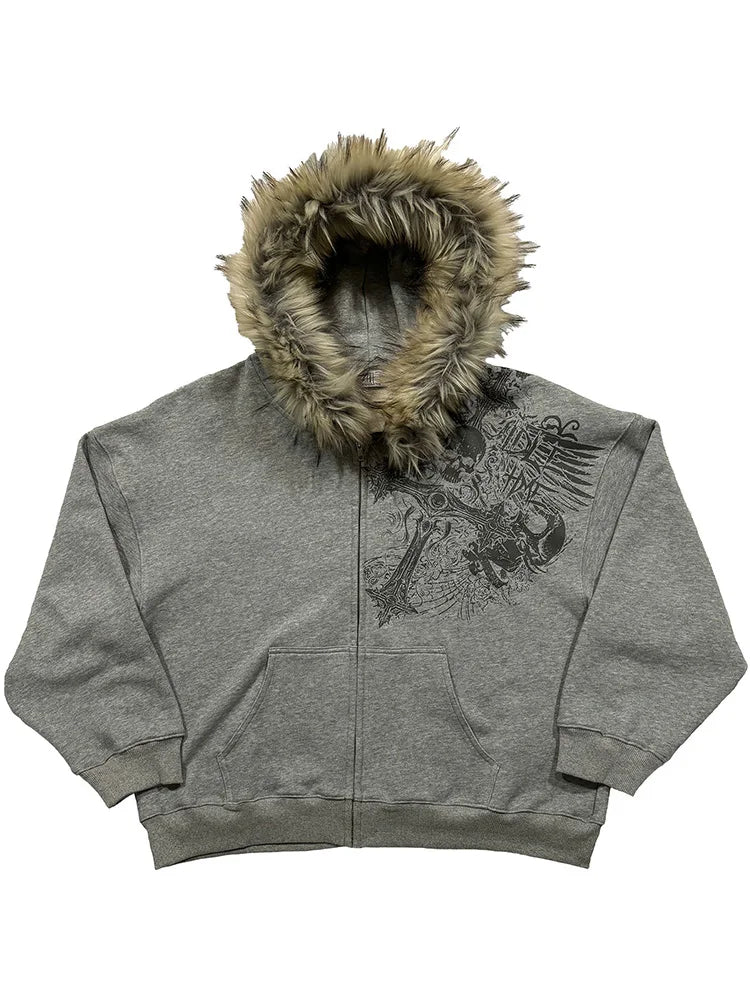 Y2K Aesthetic Faux Fur Zip-Up Hoodie