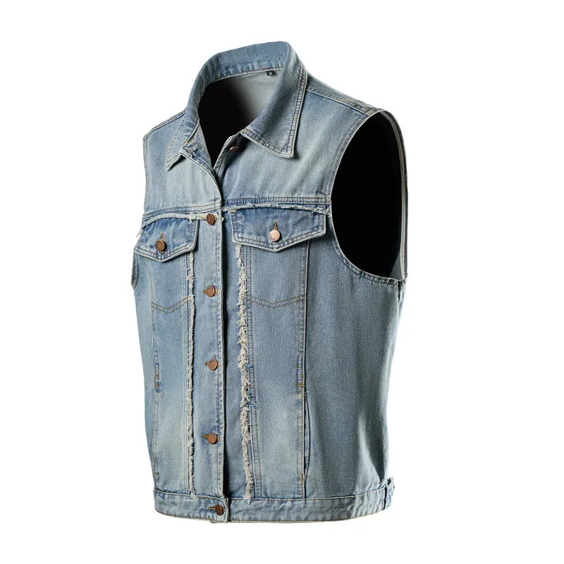 Unisex Retro Hong Kong Style Denim Vest Casual Fashion Sleeveless Waistcoat Trendy Loose Streetwear Outerwear Vest Tops Men