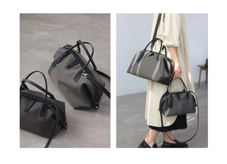 Women's Nylon With Genuine Leather Zipper Tote Lightweight Soft Travling Bags Versatile Style Handbag Different Colors And Size