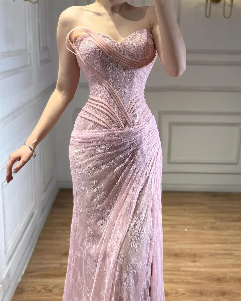 Contessa Pink Lace Off-Shoulder Mermaid Evening Gown