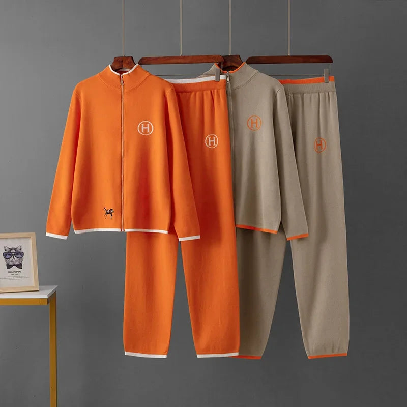 USA-Made Luxury Wool 2-Piece Set: Embroidered Horse Knit Jacket & Pants