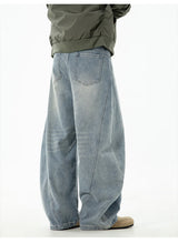 Autumn Retro Structured Split Washed Distressed Curved Jeans with Men's Silhouette Loose Straight Leg Pants Trendy Street Style