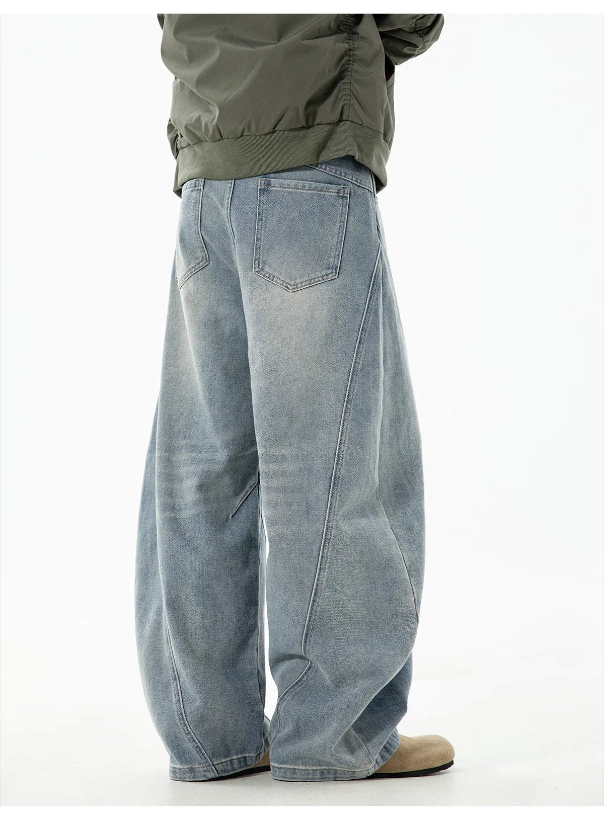 Autumn Retro Structured Split Washed Distressed Curved Jeans with Men's Silhouette Loose Straight Leg Pants Trendy Street Style