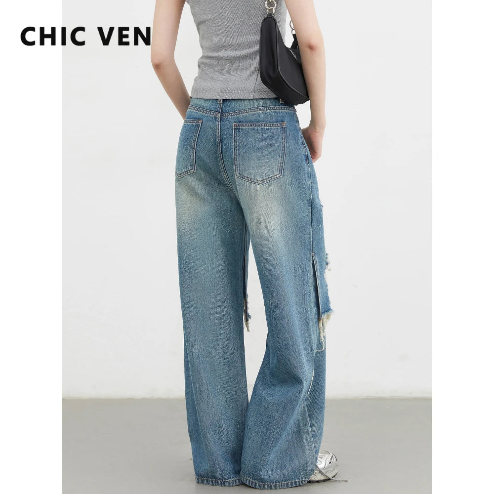 CHIC VEN Women Jeans Fashion Casual Loose High Waisted Wide Leg Denim Pants Streetwear Female Trousers Spring Autumn New 2026