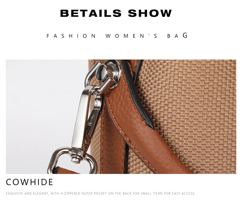 New canvas paired with cowhide women's shoulder crossbody bag, fashionable plaid pattern bucket bag