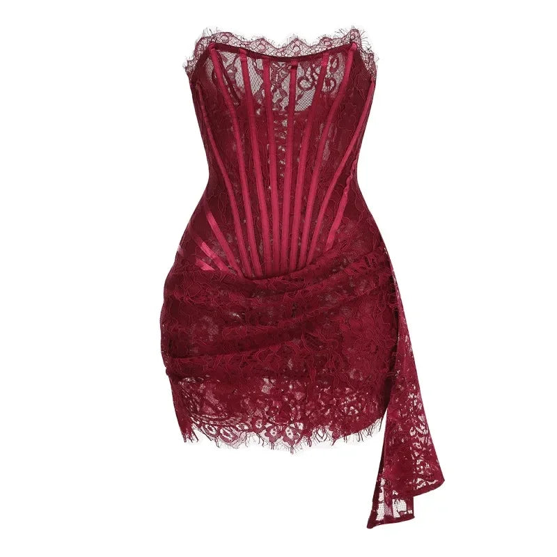 Strapless Lace Mini Dress – Elegant Sheer Patchwork Slim Fit Evening Dress