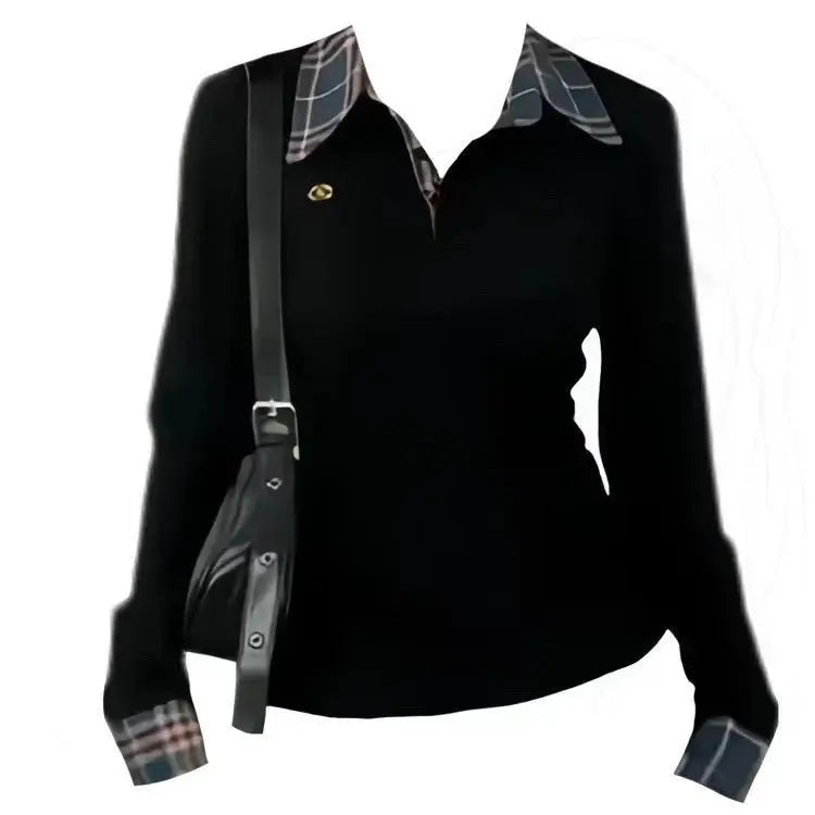 American Sle  Collar Long Sve T-irt Women's Slim Fit Embroidered Fake Two-Piece Top Trendy Autumn New Arrival
