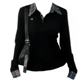 American Sle  Collar Long Sve T-irt Women's Slim Fit Embroidered Fake Two-Piece Top Trendy Autumn New Arrival