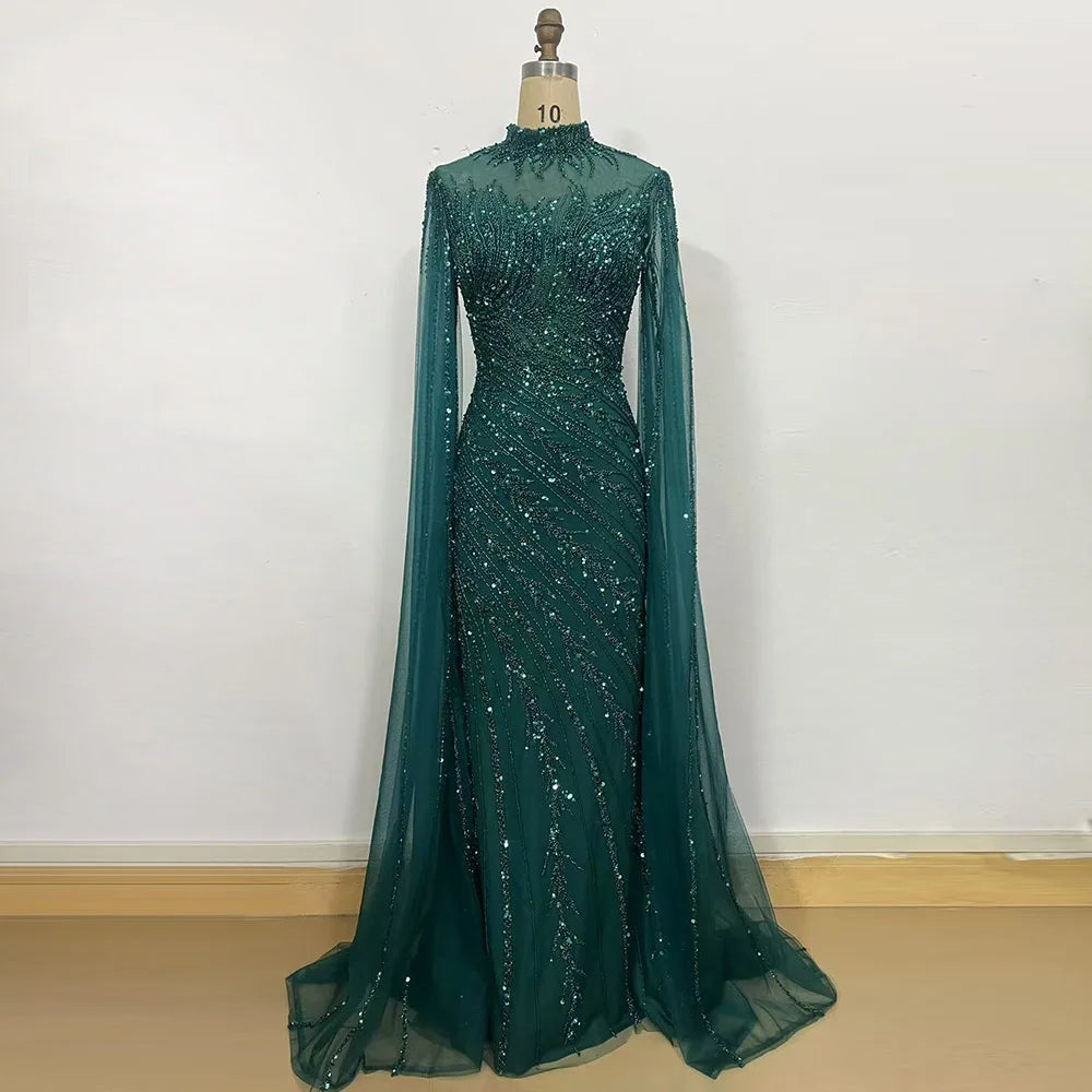 Luxury Beaded Mermaid Evening Gown | Cape Sleeve