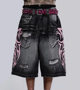 Y2K Dark Wash Wide Leg Jeans with Pink Flame Embroidery