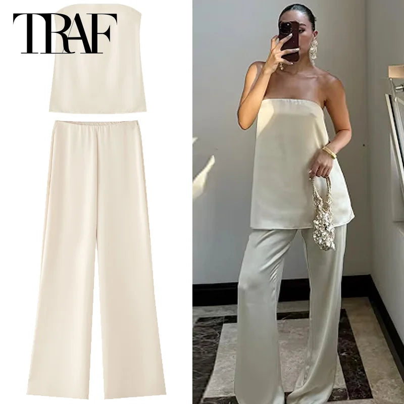 HXAO 2025 Off White Satin Pant Sets Women's Suit Off Shoulder Strapless Top Vest Set 2 Piece Woman Chic High Waist Trousers Sets