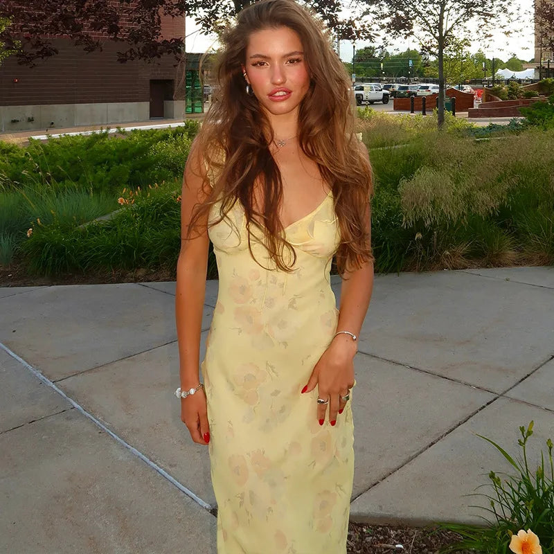Women's Floral Print Backless Maxi Dress