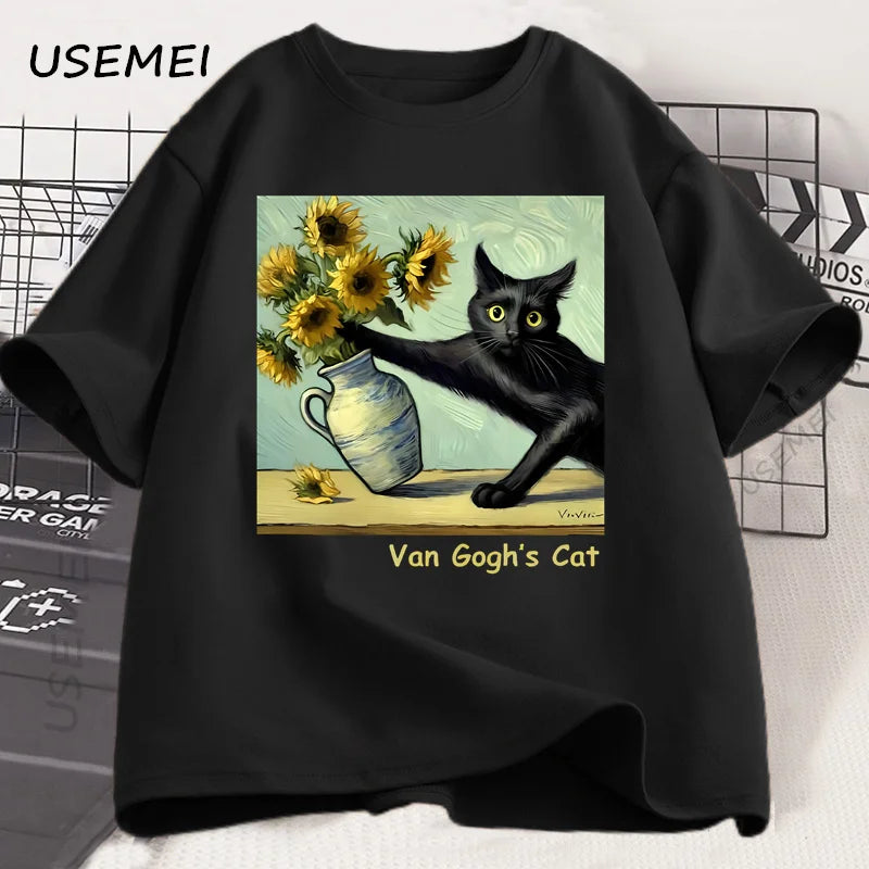 Van Gogh's Cat Art Print T Shirt Funny Graphci T Shirts Cotton Trendy Summer Loose Short Sleeved T-shirt Men Women Harajuku Top